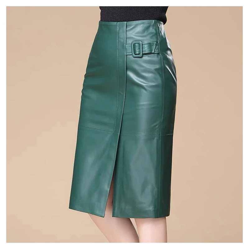 

Midi Pencil Skirt For Women 2021 New Korean Fashion Style Office Lady High Waist Genuine Leather Skirts Female Outwear