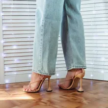 Aneikeh de verano zapatos de mujer Sandalias, de la Pu de moda Cruz-atado tacones de encaje fiesta bombas tamaño 35- 42 albaricoque blanco negro