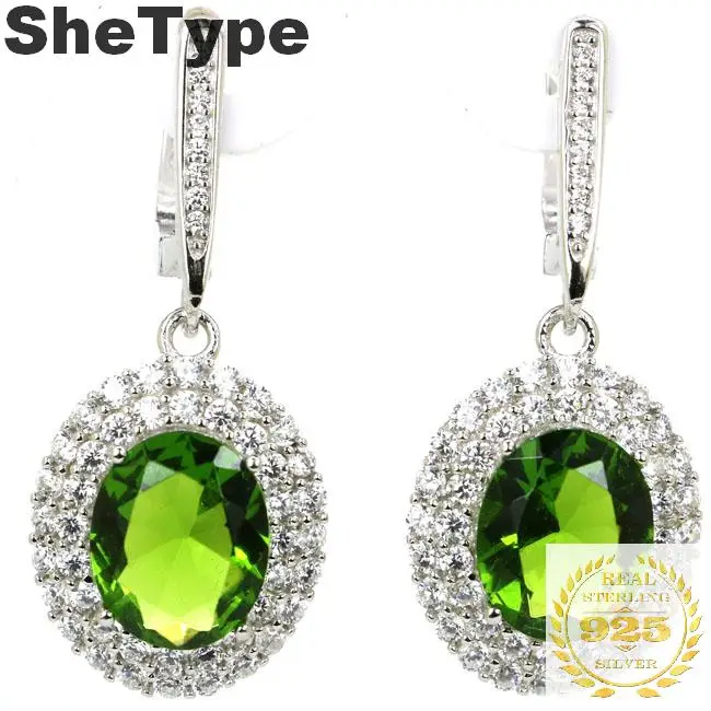 

Romantic 6.8g Oval Green Peridot Cubic Zirconia Gift For Woman's 925 Solid Sterling Silver Earrings 38x15mm