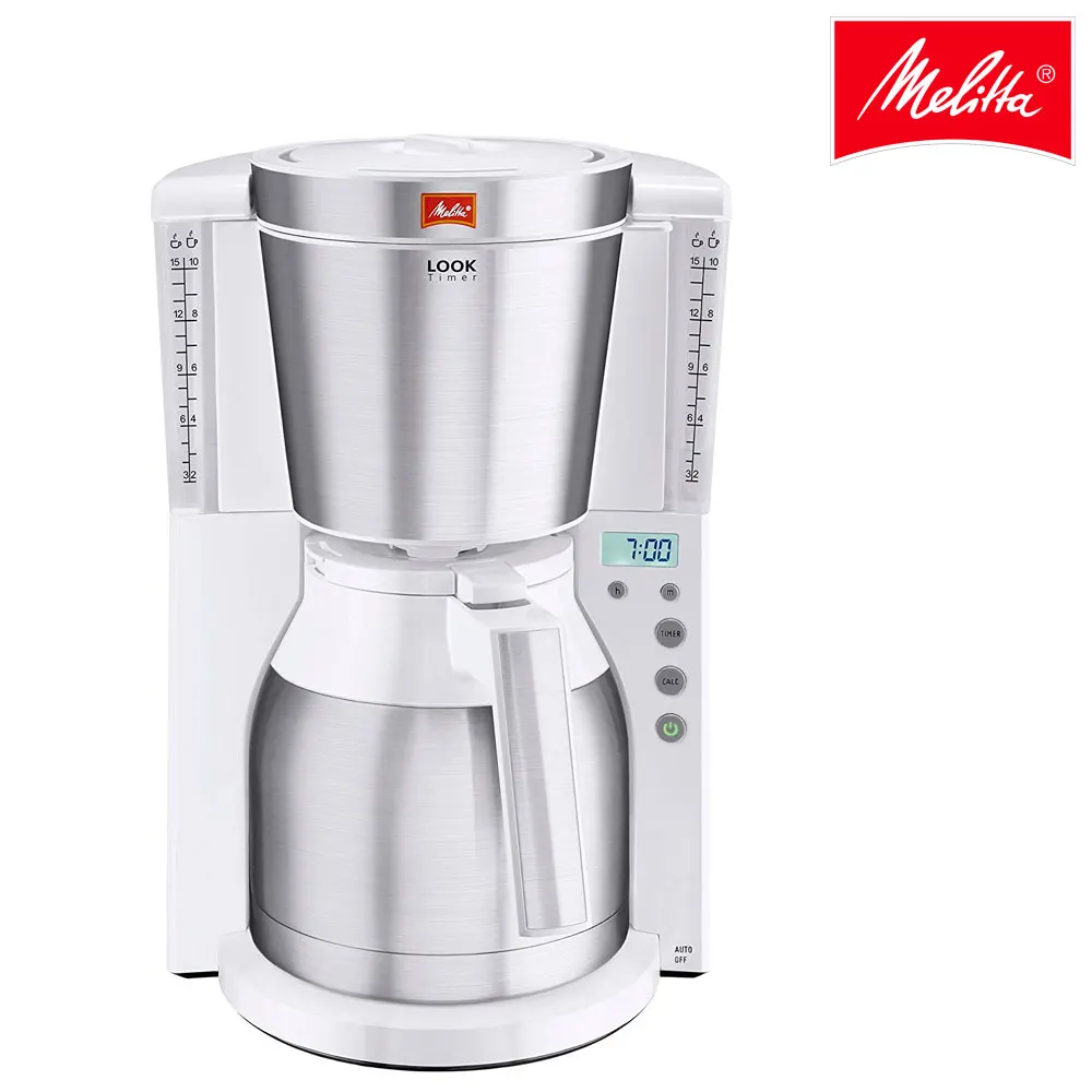 Cafetera goteo Melitta Look IV Therm Timer 1011-05, cafetera de goteo eléctrica programable, pantalla digital, blanco y acero