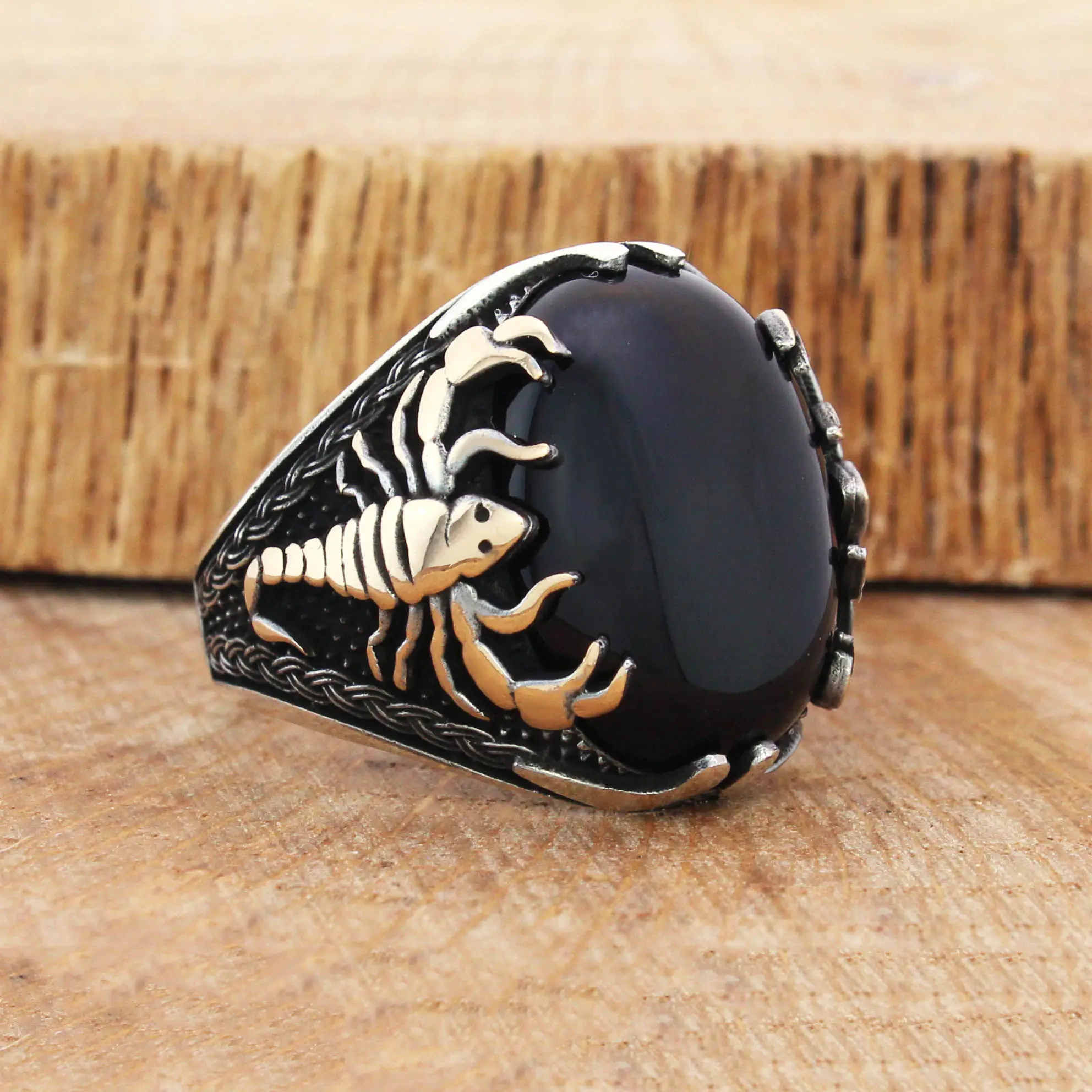 Real Pure Sterling Silver Ring 925 For Men Scorpion Natural Red Black Agate Stone Men's Gemstone Handmade Turkish Jewelry