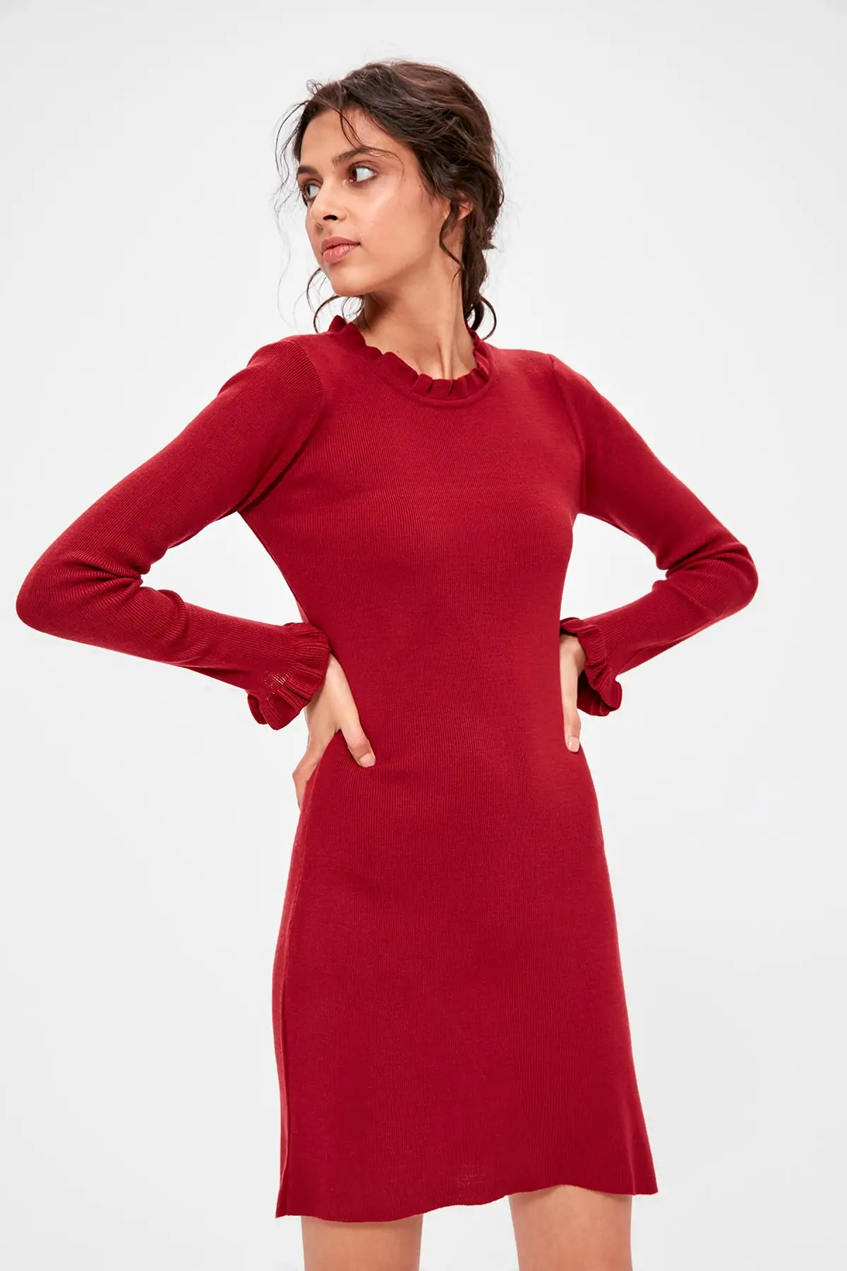 Trendyol Burgundy Sleeve And Colar Flounces Knitwear Dress TWOAW20EL0754 | Женская одежда