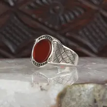 925 Sterling Silver Signet Ring with Natural Round Red Agate Gemstone For Men Made in Turkey