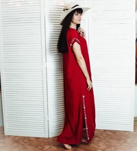 Tunic Women Beachwear Long-Dress Embroidery Batwing-Sleeve Oversize Black Plus-Size Summer