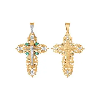 

Sokolov cross in combined gold with green cubic zirconia, fashion jewelry, 585, women's/men's, male/female