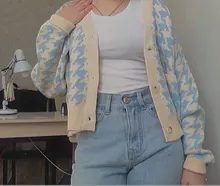 HEYounGIRL pata de gallo a cuadros estampado Cardigan mujeres otoño cuello V Vintage Top corto de punto suéter Casual suelto de punto de invierno