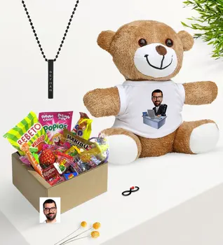 

Personalized Mr General Manager Caricature Of Nostalgic Lezzetler Plush Teddy Bear Black Bar Necklace Gift set