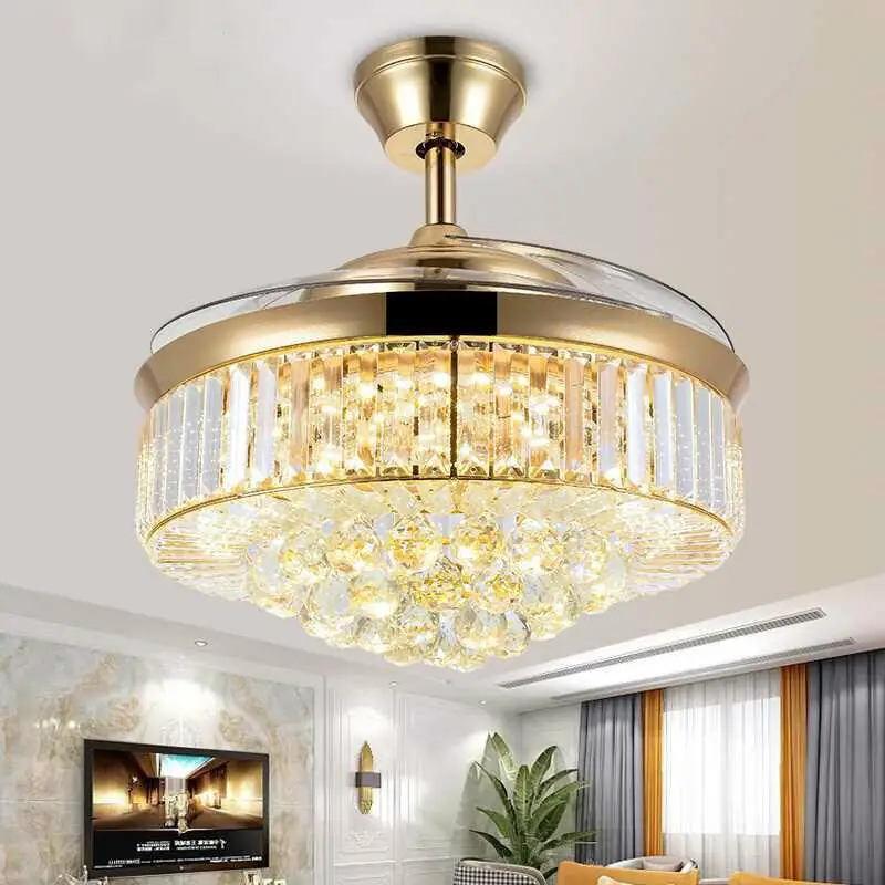 European Crystal Led Fan Light Invisible 42 Inch Silver/Gold Color Fan Light Bedroom Remote Control Ceiling