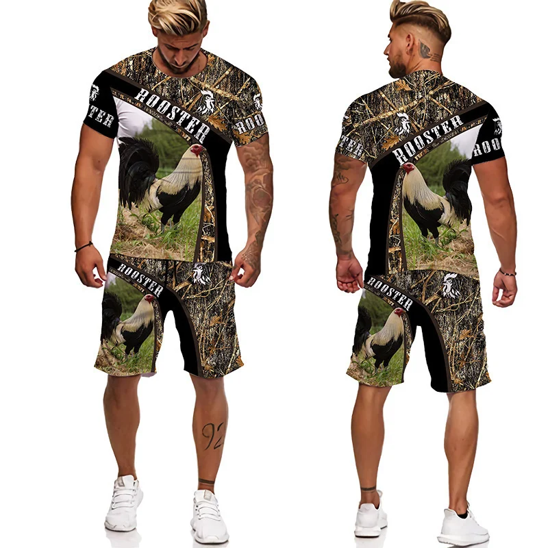 Cool Rooster Hunting Camo 3D Print Short Sleeve T-shirt Male Shorts 2pc Set Men's Tracksuits Summer Fashion Men's Clothing Suit mens 2 piece set