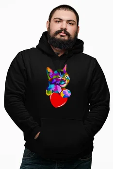 

Angemiel Wear Colorful Heart Wrapped Cat Black Male Hooded Sweatshirt