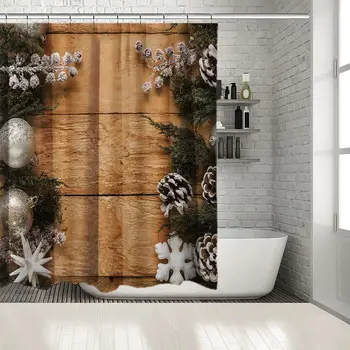 

Pine Tree Branches Cones Silver Ornaments Baubles Snowflakes on Wooden Wall Festive Photo Brown White Green Shower Curtain