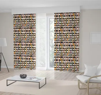 

Curtain Bird Feathers on Patterns Black and White Stripes Yellow Pink Brown Bright Colored Decorative Art