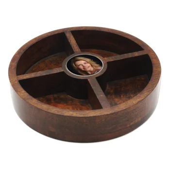 

Wood Tray for accessories, nuts, etc. and Recessed Metal Medallion with Crystal Dome - Customization of Medallion is Included.