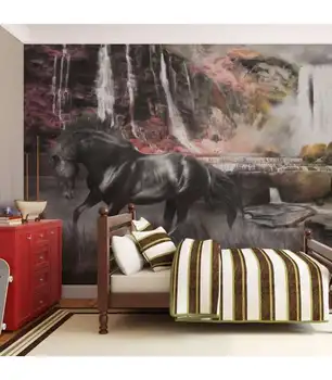 

Photo Mural-black horse and a waterfall