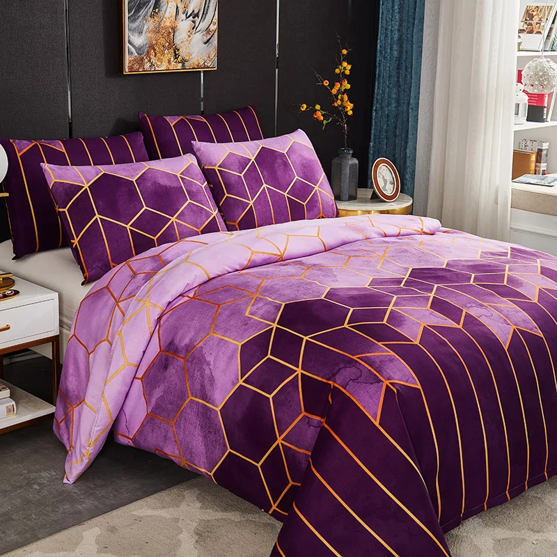 

2/3pcs Geometry Print Duvet Cover Set with Pillowcase 260x230 Purple Bedclothes Single Double Queen King Soft Quilt Covers Sets