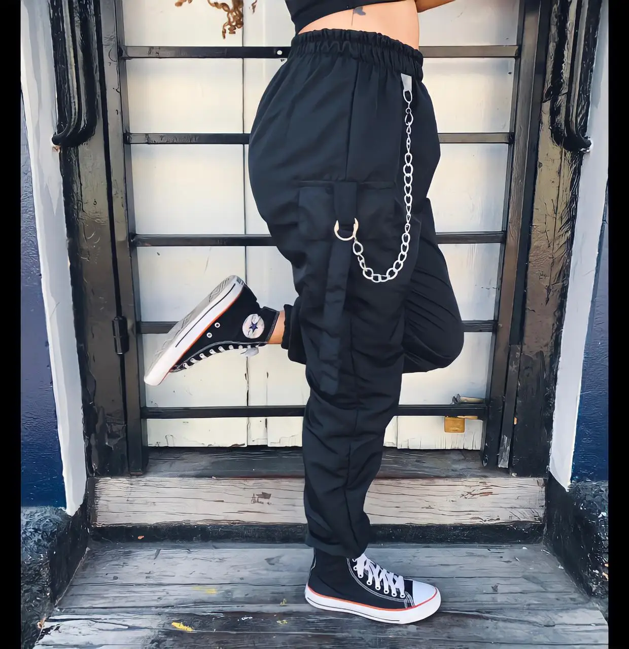 Calça femenina Cargo para correr Corrente Preta Unissex|Pantalones y pantalones capri| - AliExpress