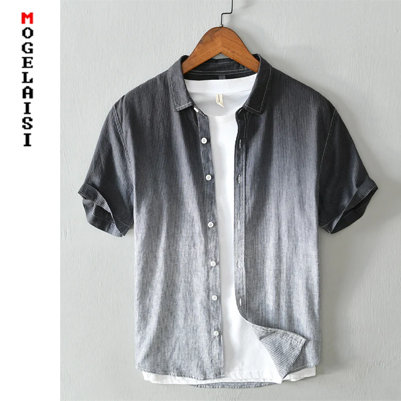 

Casual shirt men linen cotton short sleeve Gradient summer Striped breathable shirt fashion men clothing Camisa masculina 564