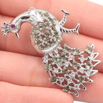 

46x29mm SheCrown Peacock Shape Created Green Amethyst Tourmaline CZ Silver Brooch
