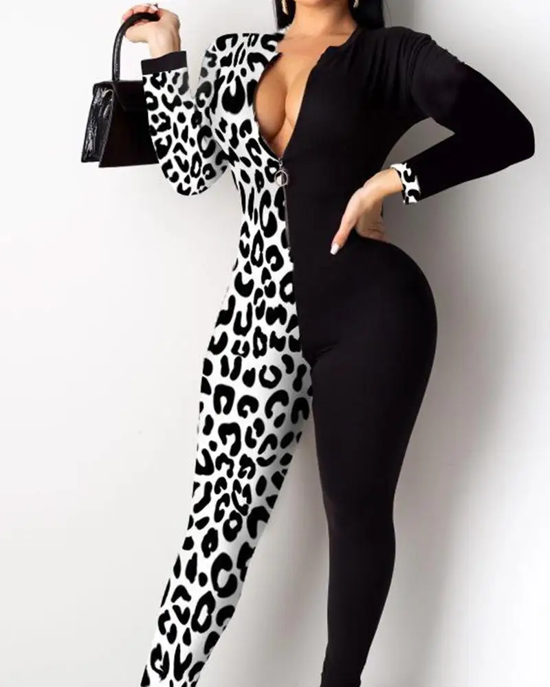 

2020 Women Sexy Elegant Fashion Notched Neck Leopard Contrast Jumpsuit Long Sleeve Patchwork Casual Party Jumpsuit Female Spring