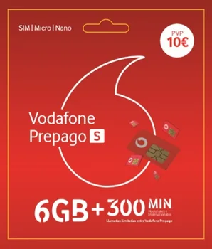 

SIM VODAFONE PREPAGO S 6 GB+ 300 MIN ESPA e internacionales (CONSULTAR LISTADO MAS DE 50 PAISES) ROAMING EUROPA EEUU INCLUIDO