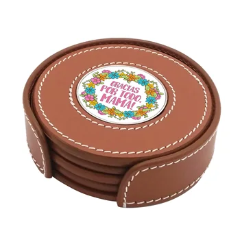 

Four Leather Coaster with Holder for Mother´s Day - with Four Metal Medallions to choose among 8 different designs. Leather Color: Black or Tan.