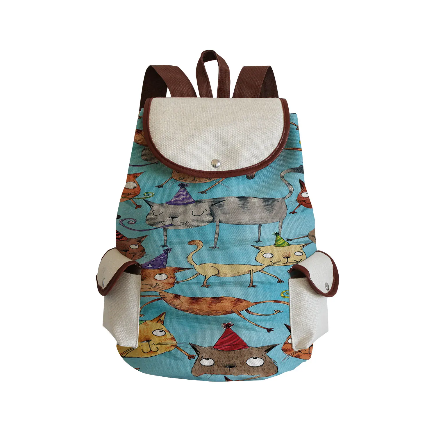 Cute Cartoon Cat Print Women Casual Bag Linen Fabric Book Bag Eco Storage Handbag Large Capacity Backpack Travel School Backpack 