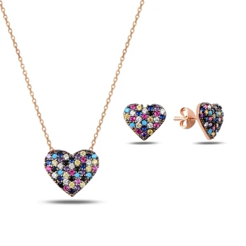 

Kutaydan Mixed Color Zircon Stone Heart 925 Sterling Silver Set Made in Turkey