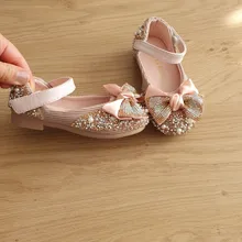 Zapatos de princesa con lazo de diamantes de imitación para niñas, zapatos planos de cuero para fiesta y baile