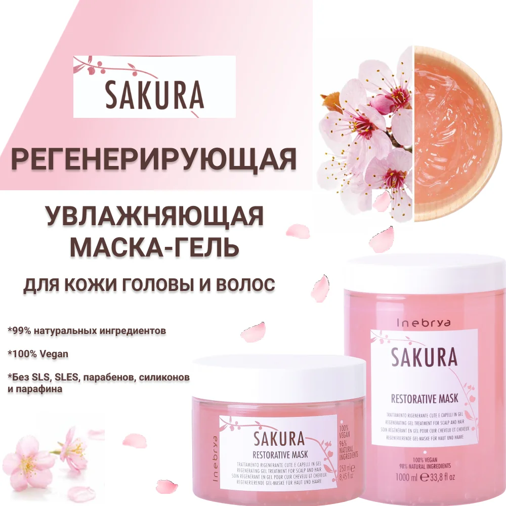 Hair Mask gel regenerating moisturizing Sakura extract base stimulate skin regeneration inebrya 1000 ml | Красота и здоровье