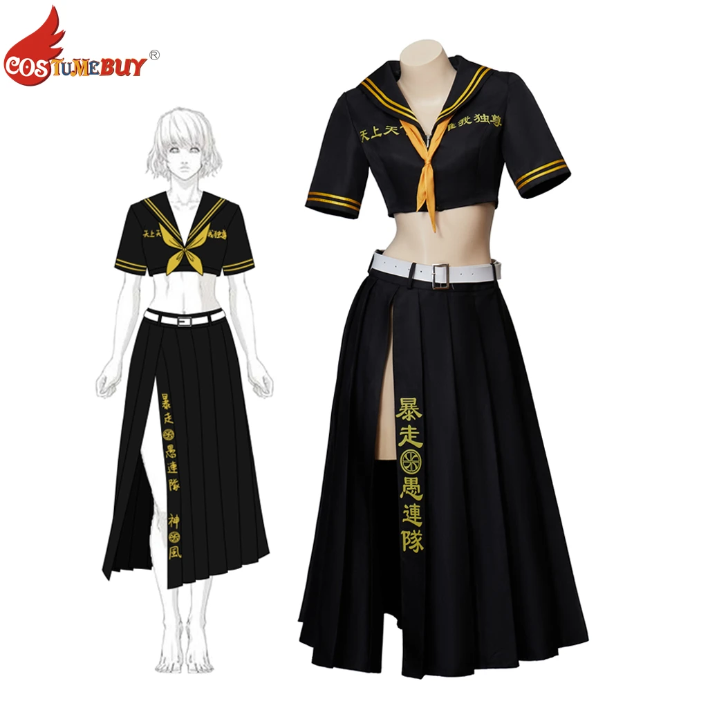 CostumeBuy – uniforme Sexy de dessin animé Tokyo vengeance, Costume de Cosplay, longue, noire, tenues d'halloween, haut, jupe, Costume pour femmes