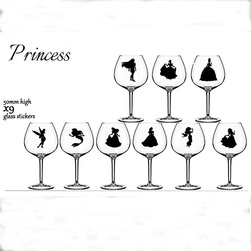 Set Of 9 Princess Glass Stickers Wine Cup Decal Princesses Mug Glass Cup Bear Sticker Decal Vinyl Bar Decor (2)