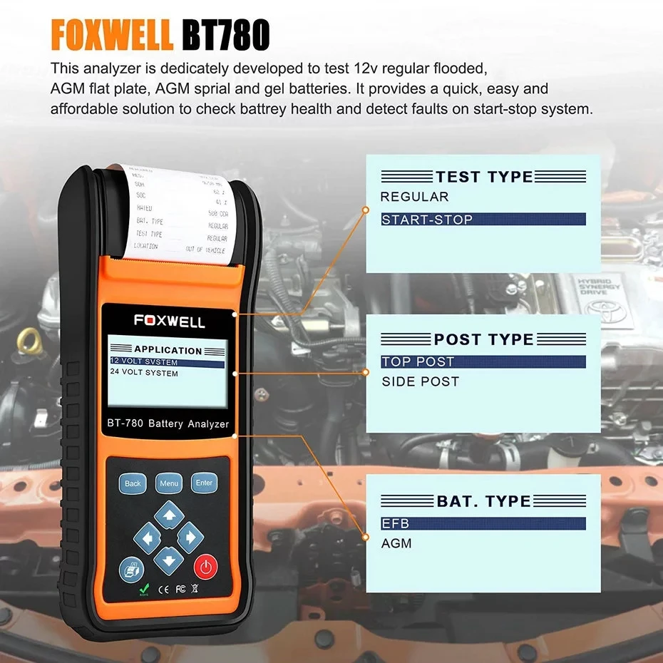 Foxwell BT780 BT-780 анализатор батареи со встроенным термопринтером