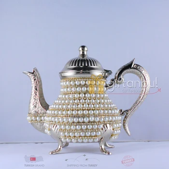 

Handmade Pearl Swarovski Stones Coated Zinc Casting Tea Gold Color Silver Turkish Teapots Arabic Tea Pot Tea Set Traditional