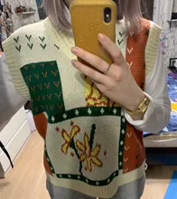 Woherb-suéter Harajuku para mujer, Chaleco de estilo coreano Vintage estampado con cuello en V, jerséis sin mangas de punto para mujer, otoño 2021
