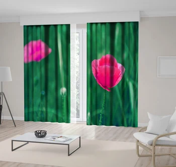 

Curtain Poppy Flowers in Grasses Wild Flowers Nature in Meadow Becomes Blurred Background Photo Fuchsia Green