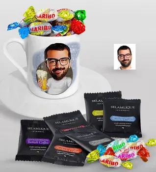 

Personalized Mr Caricature Of Turkish Coffee Cup Selamlique Mixed Turkish Coffee house And Haribo Candy Gift Seti-5