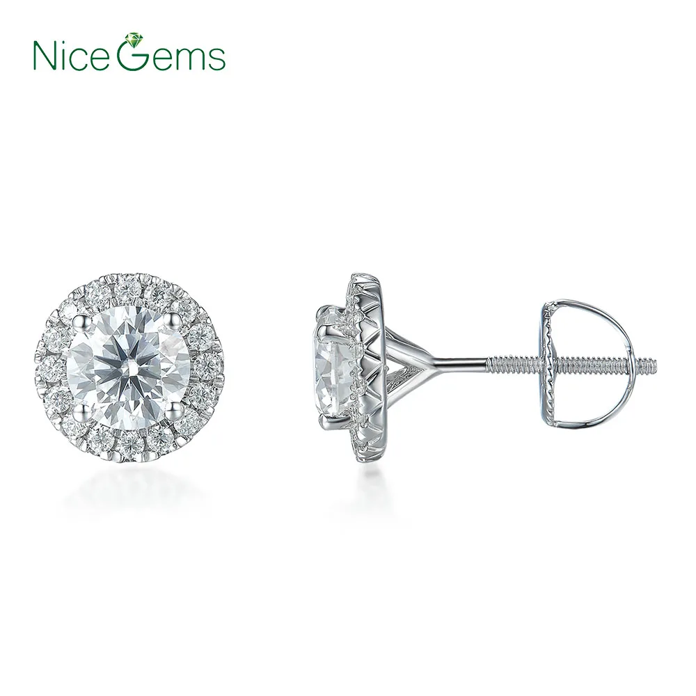 Серьги гвоздики NiceGems из белого золота 585 пробы с круглым муассанитом 14