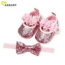 Ma & Baby-zapatos de princesa para bebés recién nacidos de 0 a 18 meses, con lentejuelas y lazo, para primeros pasos y diadema