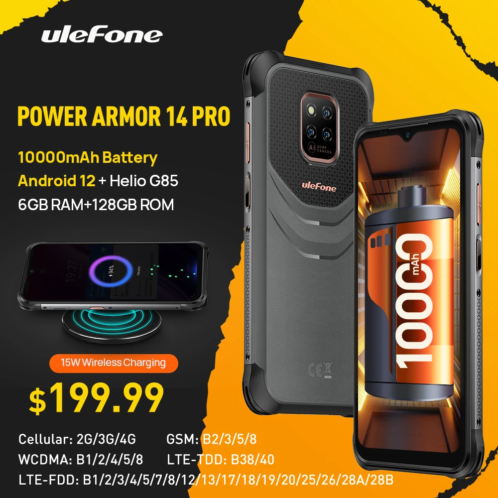 Ulefone Power Armor 14 Pro Rugged Phone 10000mAh Android 12 Waterproof Smartphone 128GB  5G/2.4GWLAN WirelessCharging NFC Global
