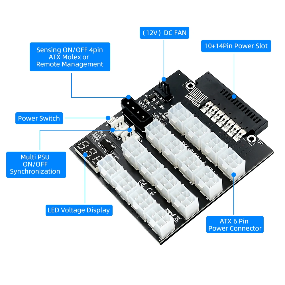 ATX 16x6Pin Power Supply Breakout Board for 800w 1400w 1600w 733428-101 720620-B21 830272-B21 720478-B21 for GPU Mining  For ETH
