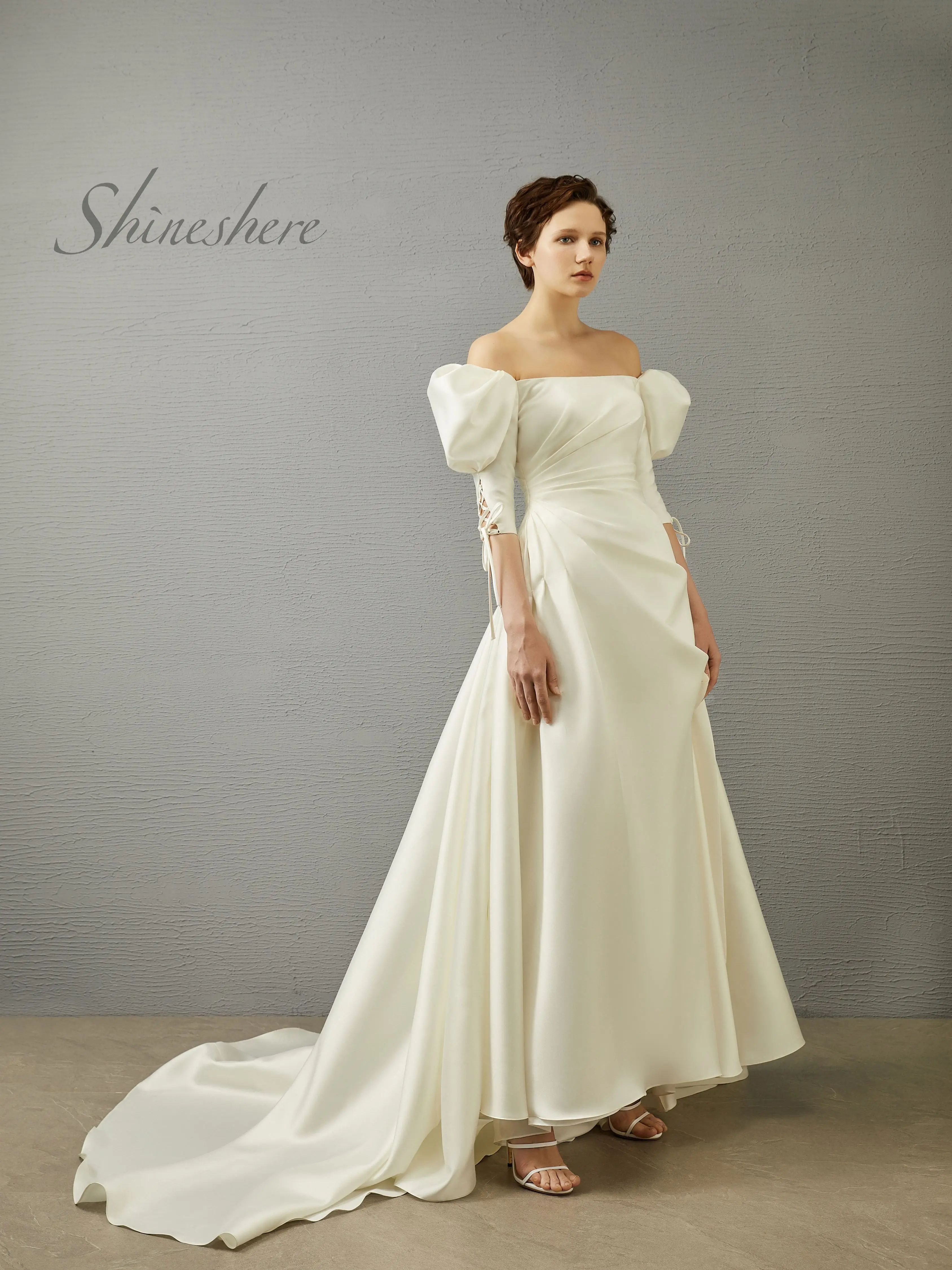 

Elegant Off Shoulder Puff Short Sleeves Pleated Bodice Minimalist Design Aline Wedding Dress Satin Bridal Gown