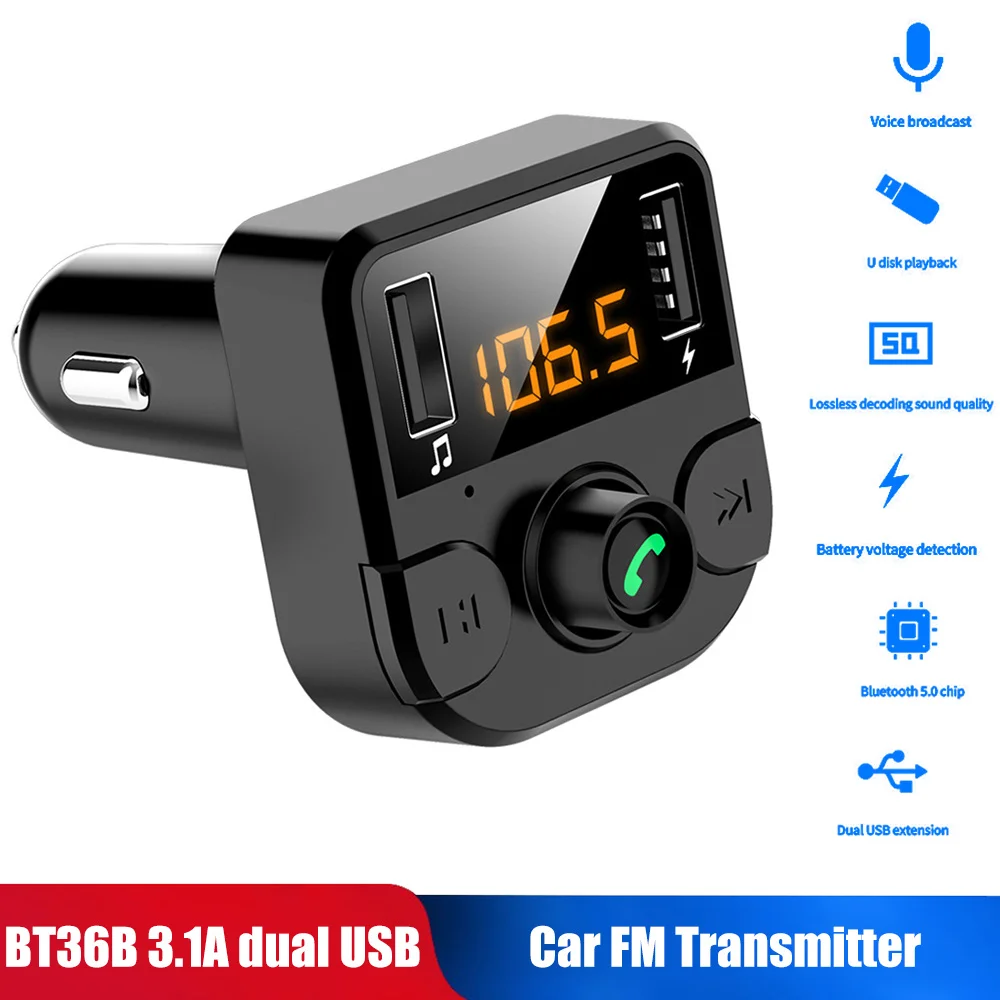 Vehemo Universal Car FM Transmitter Handsfree TF Card U Disk Bluetooth 5.0 BT36B 3.1A Stereo Music Power-Off Memory Receiver