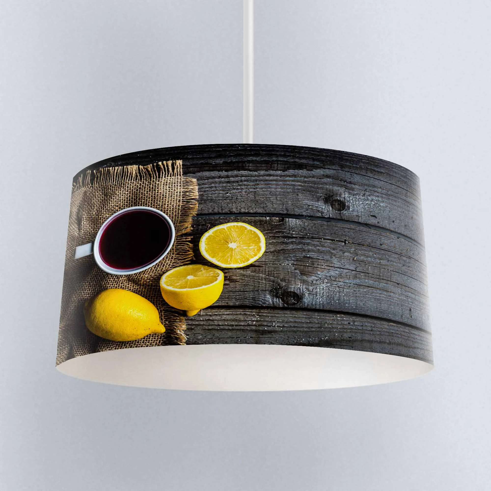^*Best Offers Else Yellow Lemon Tea Cup on Gray Wood Printed Fabric Kitchen Chandelier Lamp Drum Lampshade Floor Ceiling Pendant Light Shade