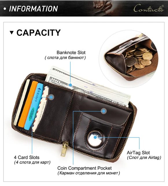 CONTACT'S – Mini portefeuille en cuir véritable pour hommes, étui AirTag,  porte-cartes, petit porte-monnaie YKK avec fermeture éclair autour,  pochette