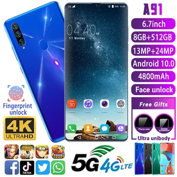 

New A91 5G 4G LTE 8+512GB Mobile Phone 13MP+24MP HD Camera 6.7"inch 1440*3040 Water Drop Screen Face Recognition Mobile Phone