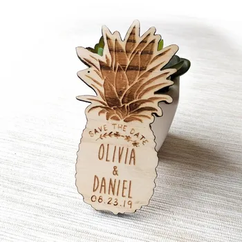 

Engraved Pineapple wooden fridge magnet, custom wood wedding save the date magnets, Tropical wedding invitation, marriage gift