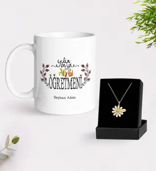 

Personalized The Year 'S Best Teacher White Mug and Daisy Necklace Gift Seti-2