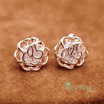 

New Cute Small Hollow Out Flower Stud Earrings Fashion CZ Crystal Earrings for Women Girls Rose Gold Color Jewelry Bijoux Gift
