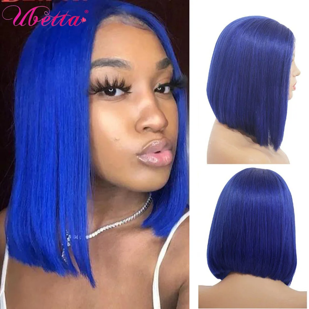 Photo Product Blue Colored Bob Human Hair Wigs For Women Short Non Lace Front Wig Full Machine Made Wigs Brazilian Remy Blue Bob Wig 180%