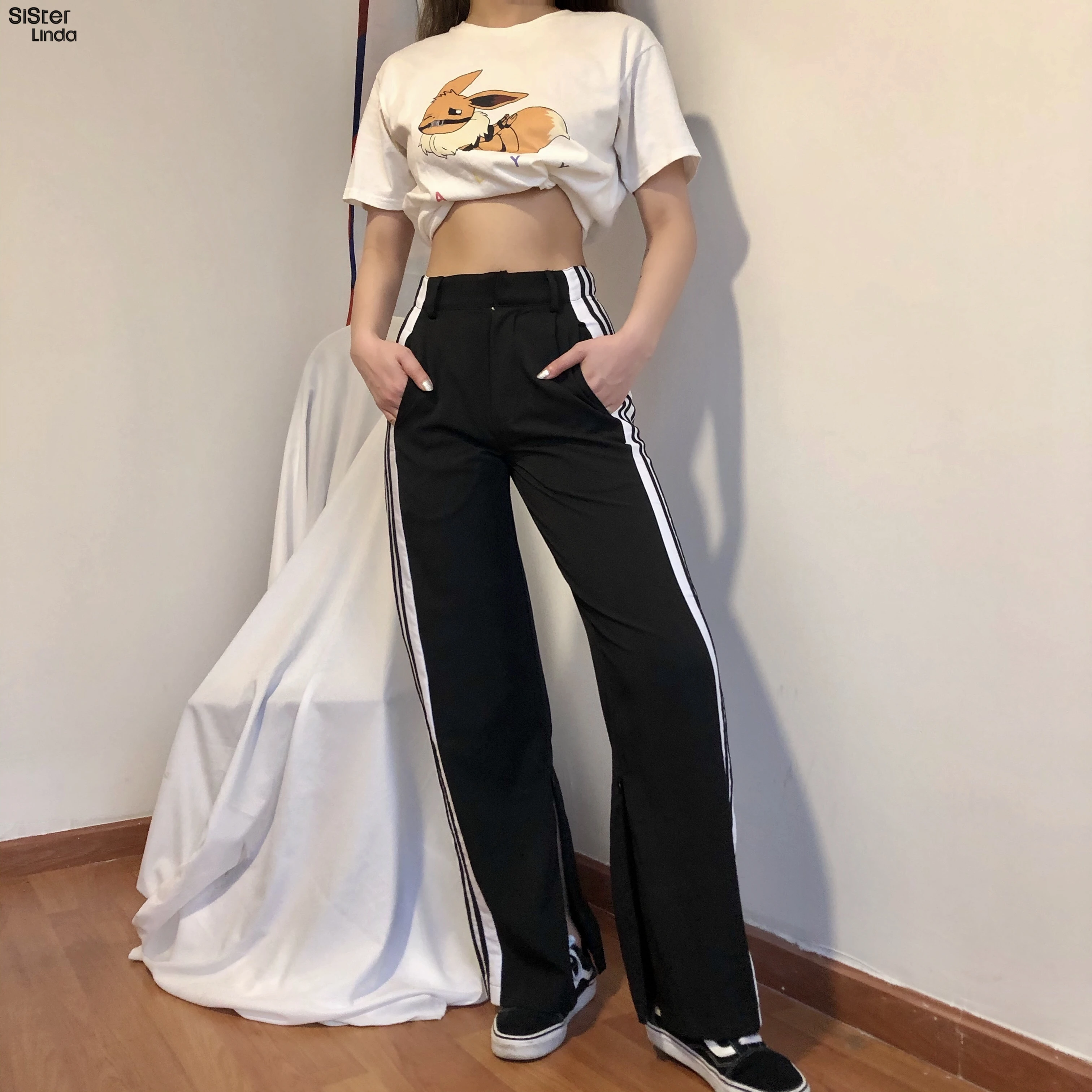 

Sisterlinda Hight Quality Sweatpants Women Pants Stripe Loose Joggers Female Trousers High Waist Wide Leg Pants Mujer 2020Summer